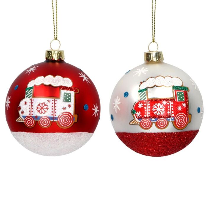 Gisela Graham Glass Bauble (8cm) - Red/White Painted Train Decoration